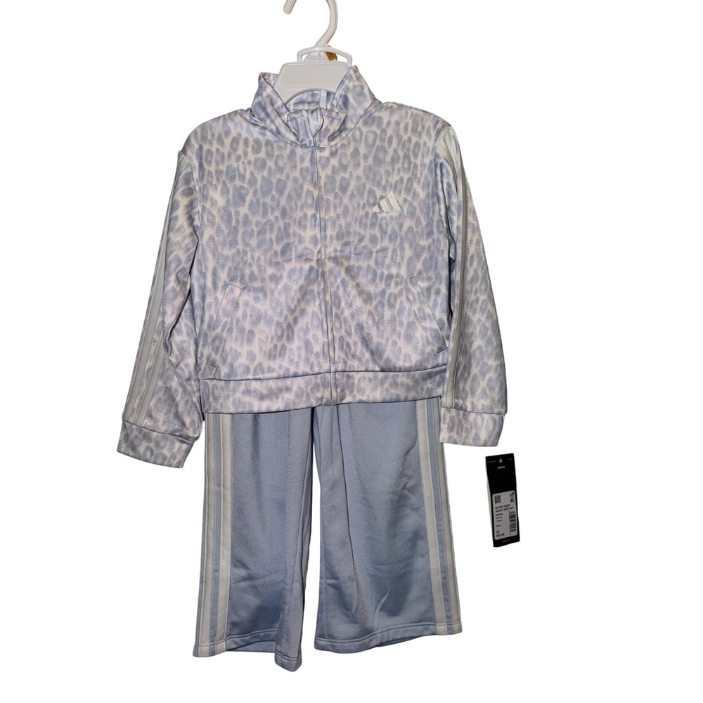 Adidas Girls 3S AOP Tricot Jacket Pant Set Light Blue Leopard KK6965 3T